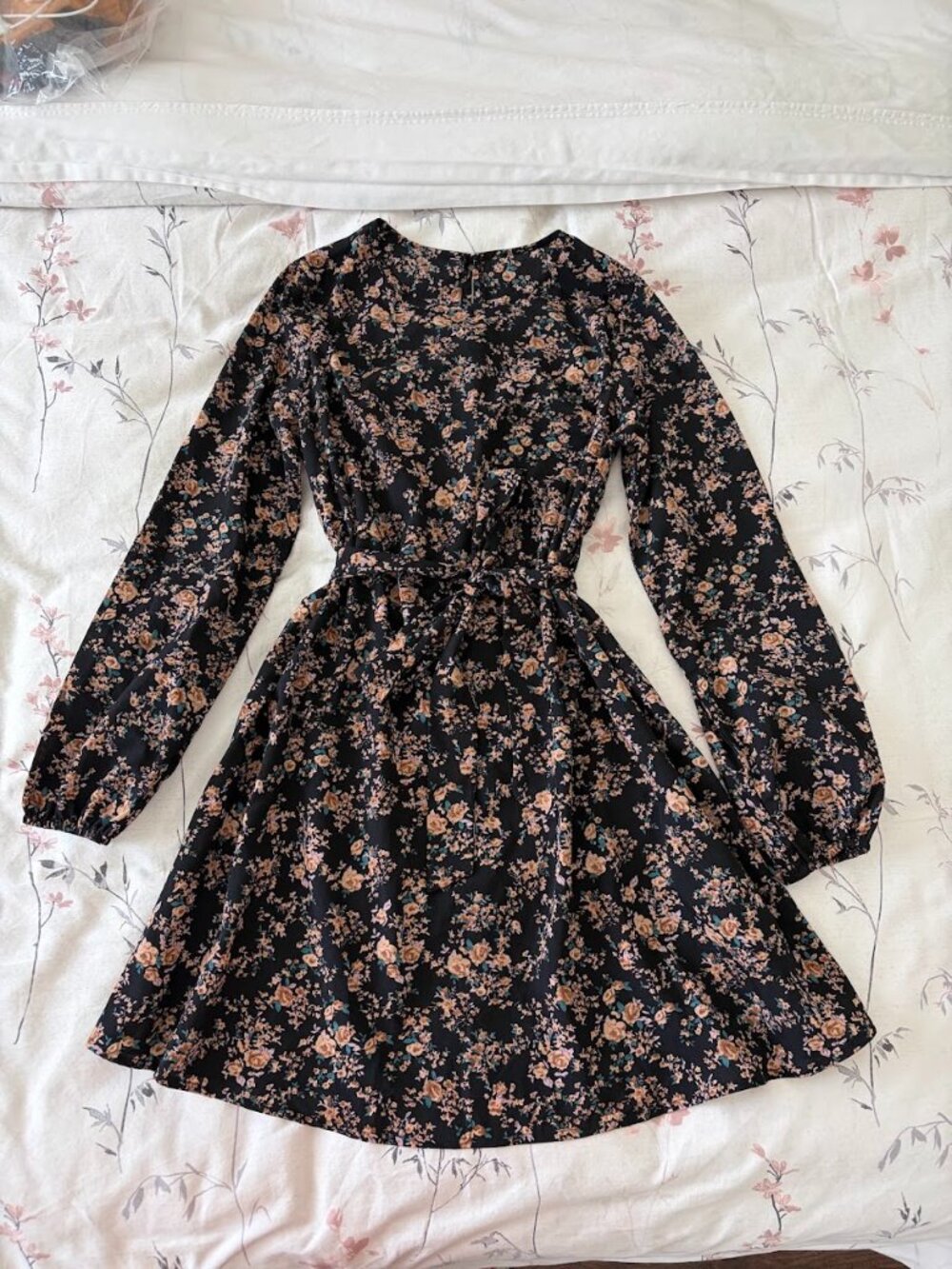 SHEIN LUNE Floral Print Lantern Sleeve Belted Dress - Size Small